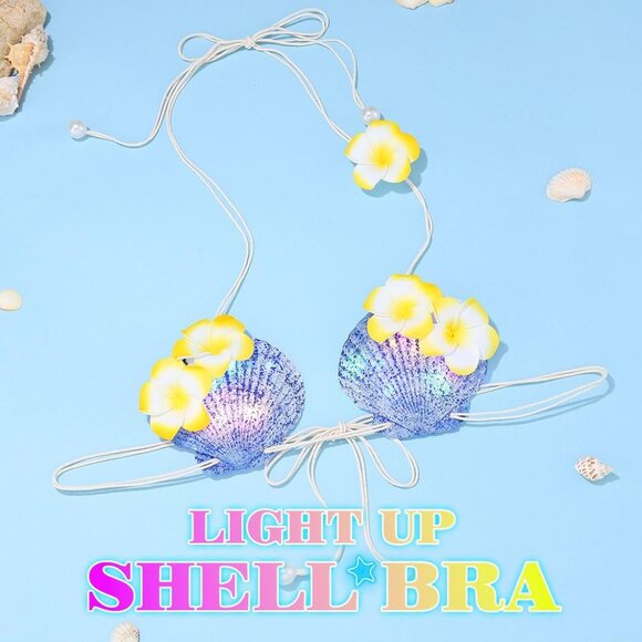 Light Up 2 Blue Mermaid Shell Bra Glowing Bikini Top Flower Rave Outfits Women - Picture 2 of 6